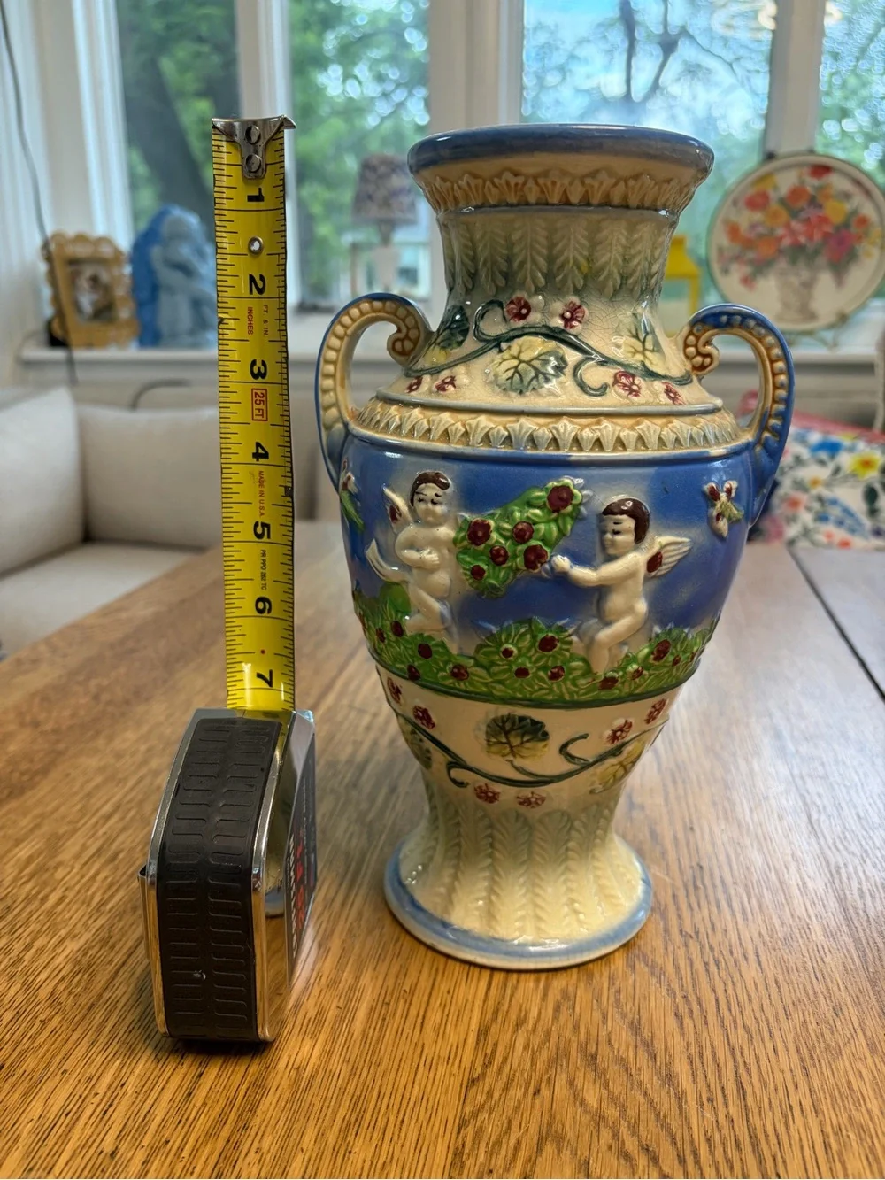 Source Unknown Blue and Green Cherub Relief Vases (Pair)